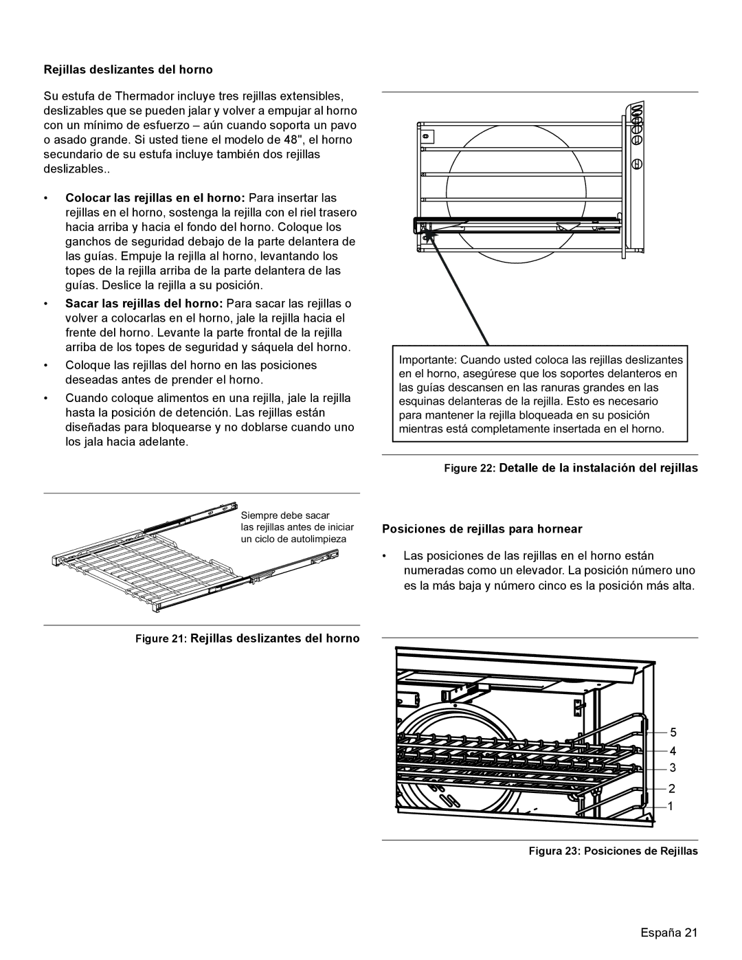 Thermador PRL36, PRG30, PRL30 manual Rejillas deslizantes del horno, Figura 23 Posiciones de Rejillas 