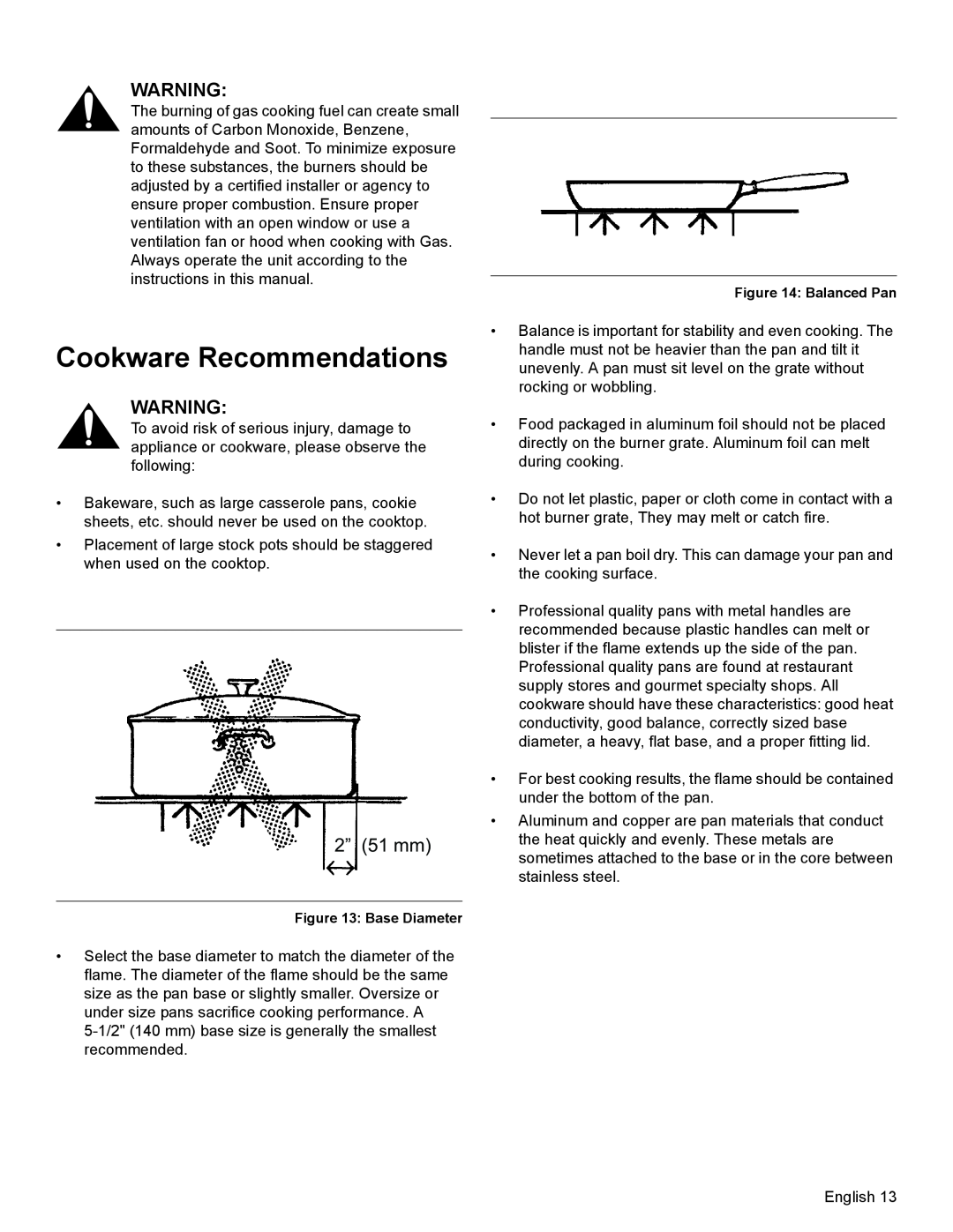 Thermador PRL36, PRG30, PRL30 manual Cookware Recommendations, 2” 51 mm 