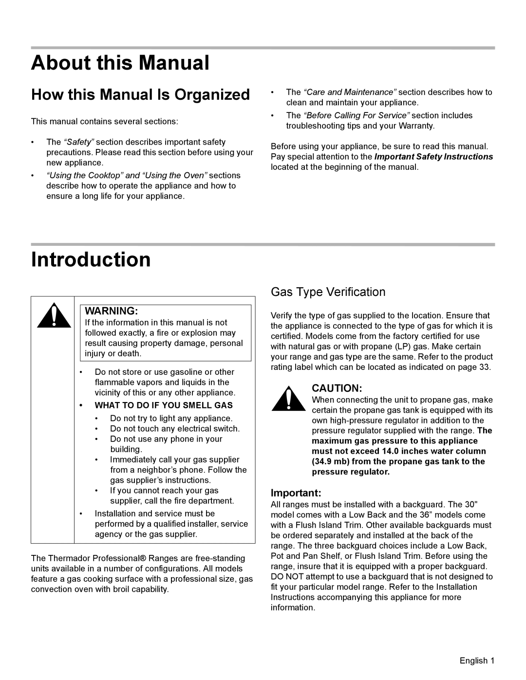 Thermador PRL36, PRG30, PRL30 manual About this Manual, Introduction, How this Manual Is Organized, Gas Type Verification 