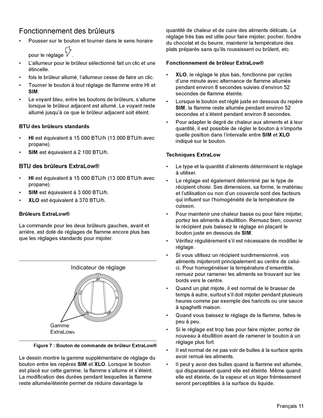 Thermador PRG30, PRL36, PRL30 manual Fonctionnement des brûleurs, BTU des brûleurs ExtraLow, Indicateur de réglage 