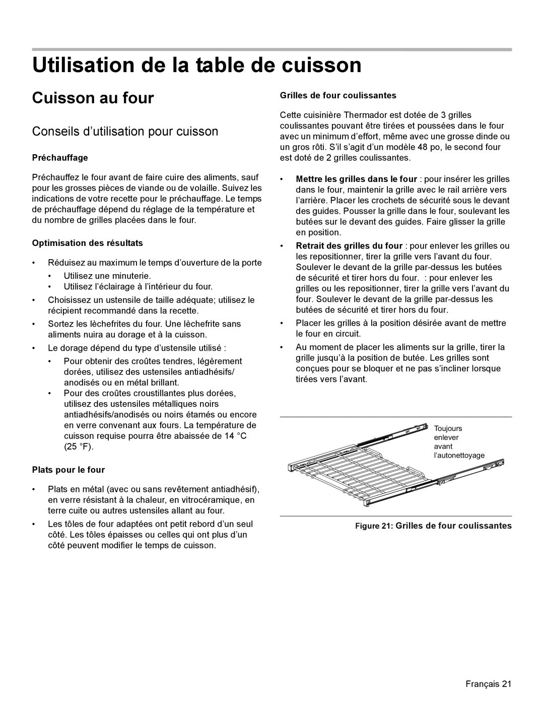 Thermador PRL30, PRL36, PRG30 manual Utilisation de la table de cuisson, Cuisson au four, Conseils d’utilisation pour cuisson 
