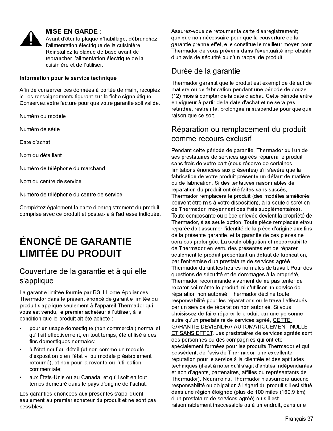 Thermador PRL36, PRG30, PRL30 manual Énoncé De Garantie Limitée Du Produit, Couverture de la garantie et à qui elle sapplique 