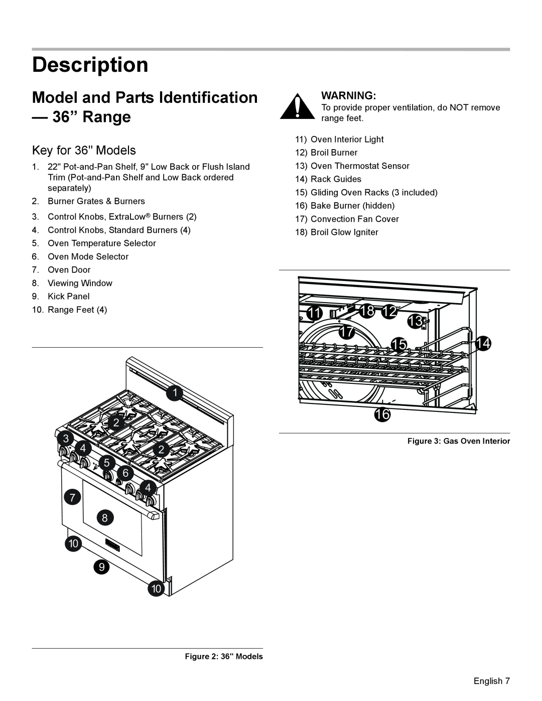 Thermador PRL36, PRG30, PRL30 manual Description, Model and Parts Identification 36” Range, 11 18 12, Key for 36 Models 