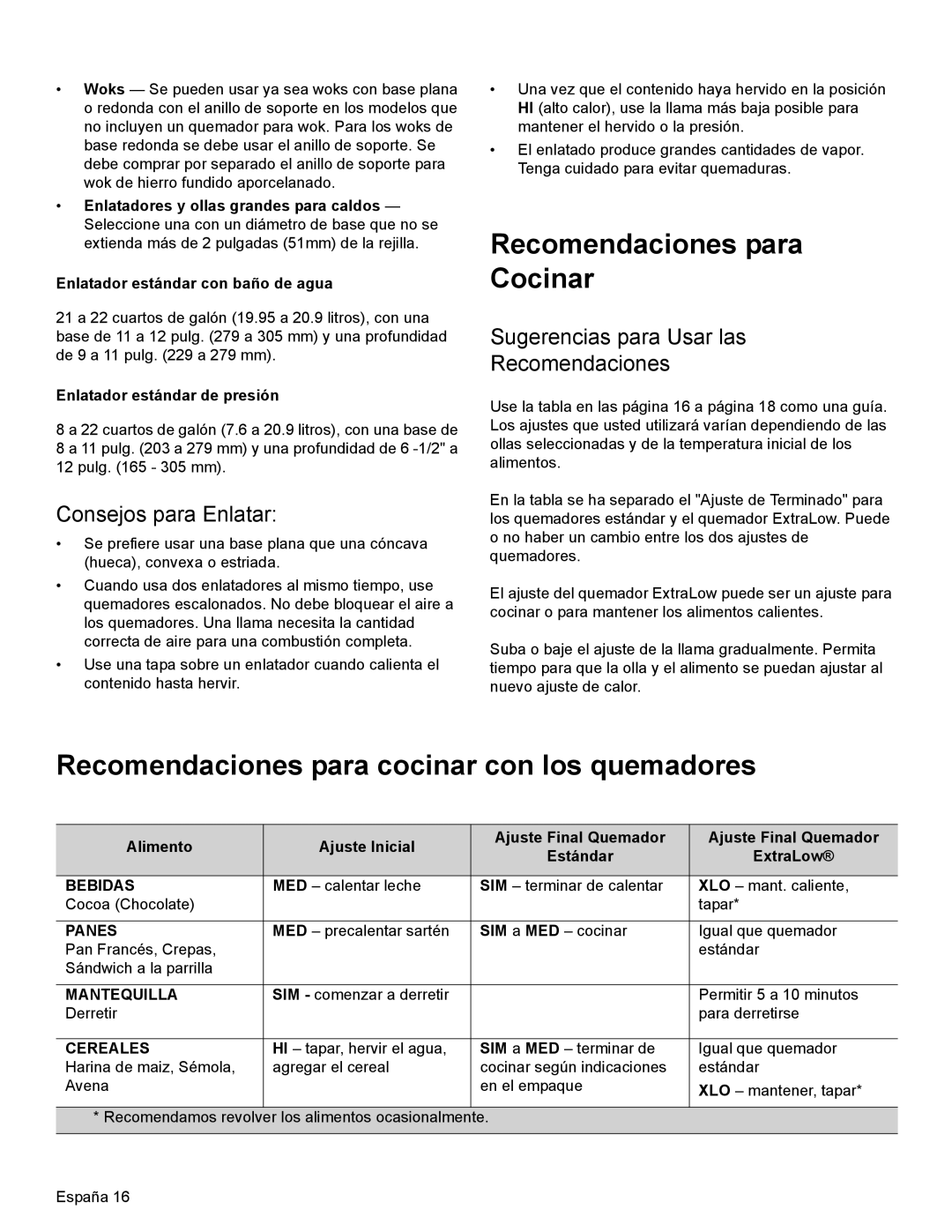 Thermador PRG30 manual Recomendaciones para Cocinar, Recomendaciones para cocinar con los quemadores, Consejos para Enlatar 