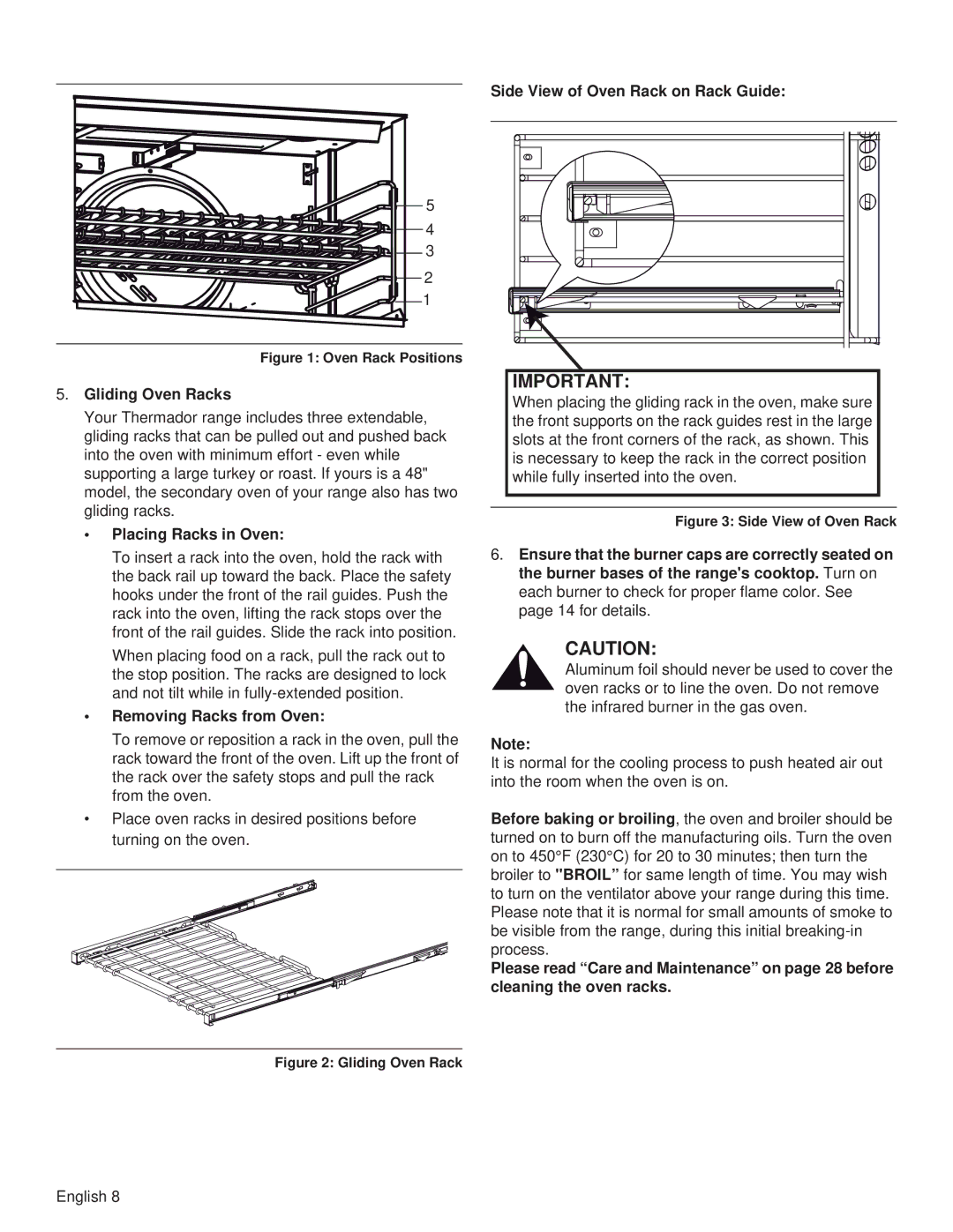 Thermador PRG36 Gliding Oven Racks, Placing Racks in Oven, Removing Racks from Oven, Side View of Oven Rack on Rack Guide 