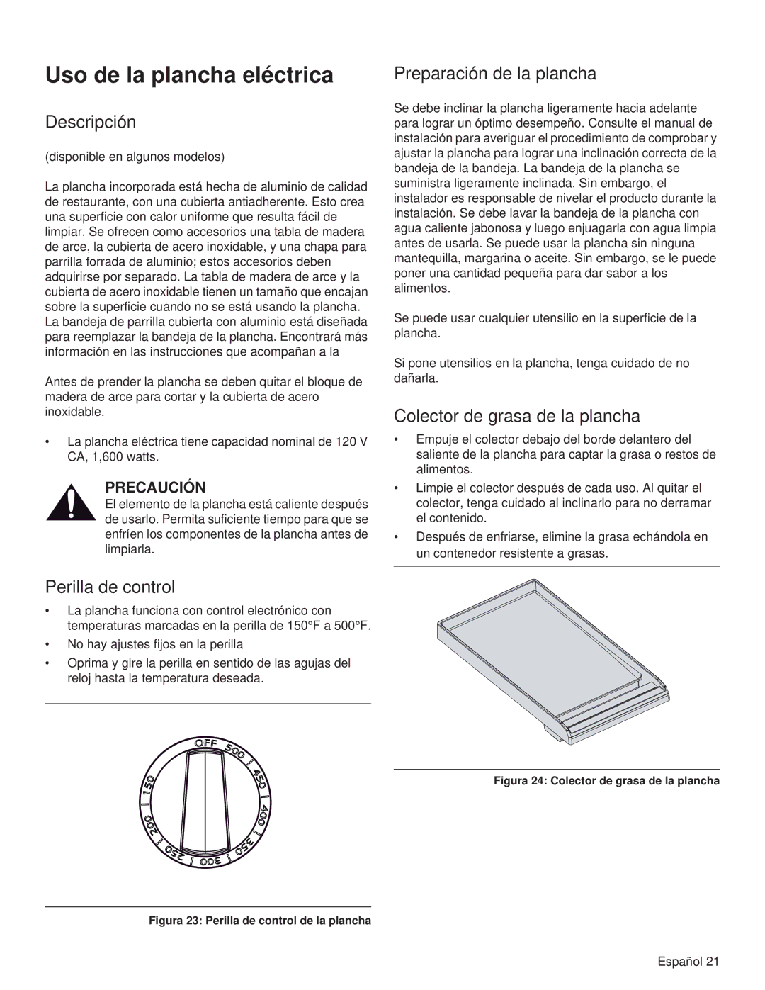 Thermador PRL48 manual Uso de la plancha eléctrica, Descripción, Preparación de la plancha, Colector de grasa de la plancha 