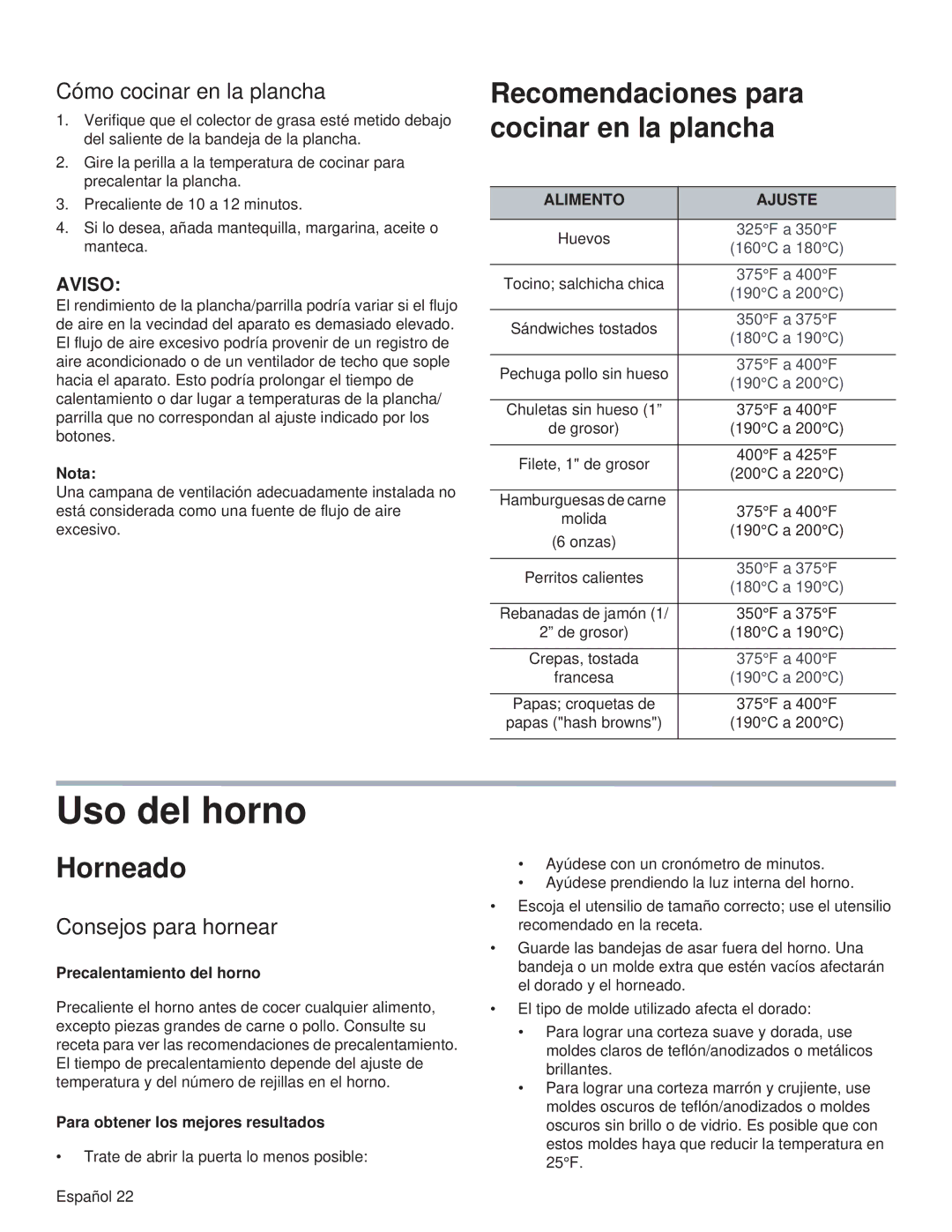 Thermador PRL36, PRG48 Uso del horno, Recomendaciones para cocinar en la plancha, Horneado, Cómo cocinar en la plancha 