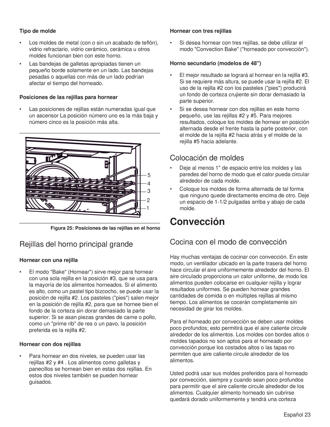 Thermador PRG48 Convección, Rejillas del horno principal grande, Colocación de moldes, Cocina con el modo de convección 