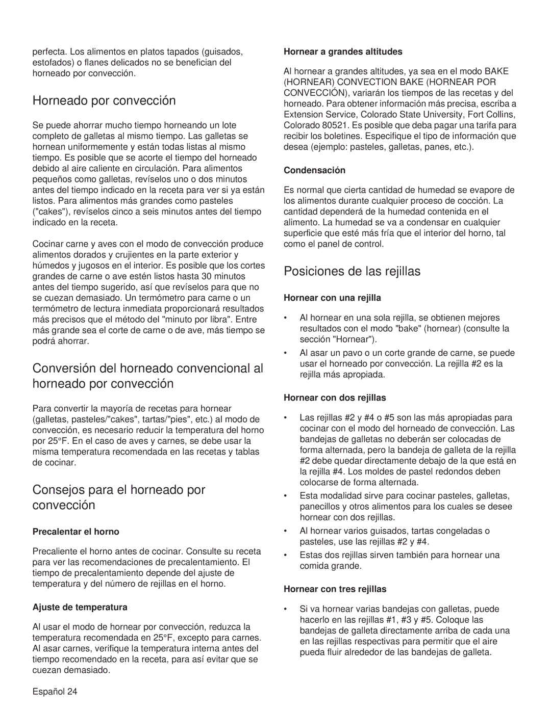 Thermador PRG30, PRL36, PRG48 Horneado por convección, Consejos para el horneado por convección, Posiciones de las rejillas 