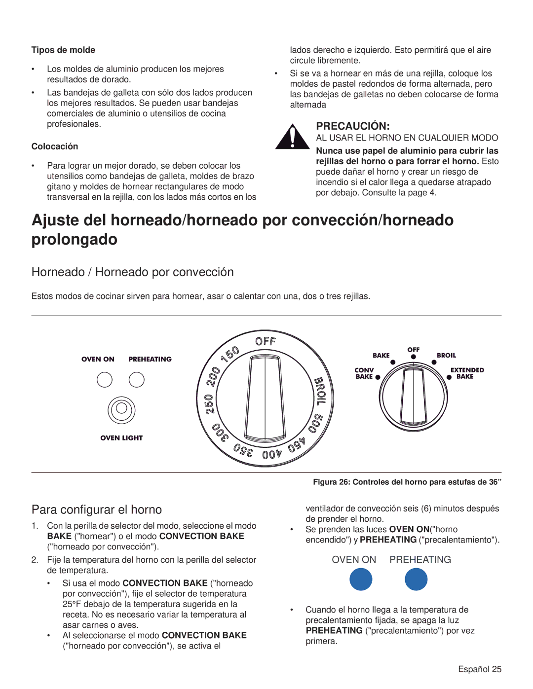 Thermador PRL30, PRL36, PRG48 manual Horneado / Horneado por convección, Para configurar el horno, Tipos de molde, Colocación 