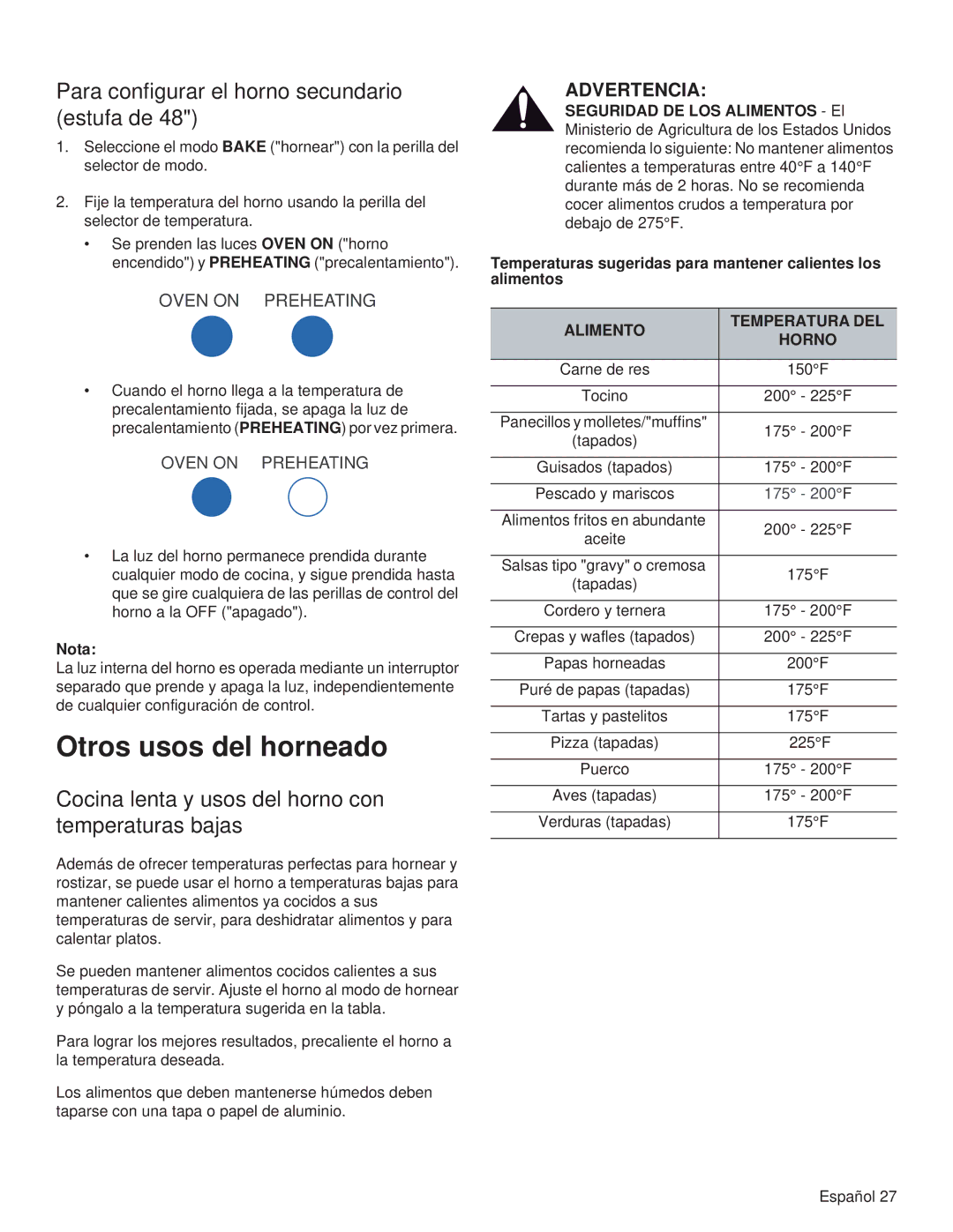 Thermador PRL48 Otros usos del horneado, Para configurar el horno secundario estufa de, Alimento Temperatura DEL Horno 