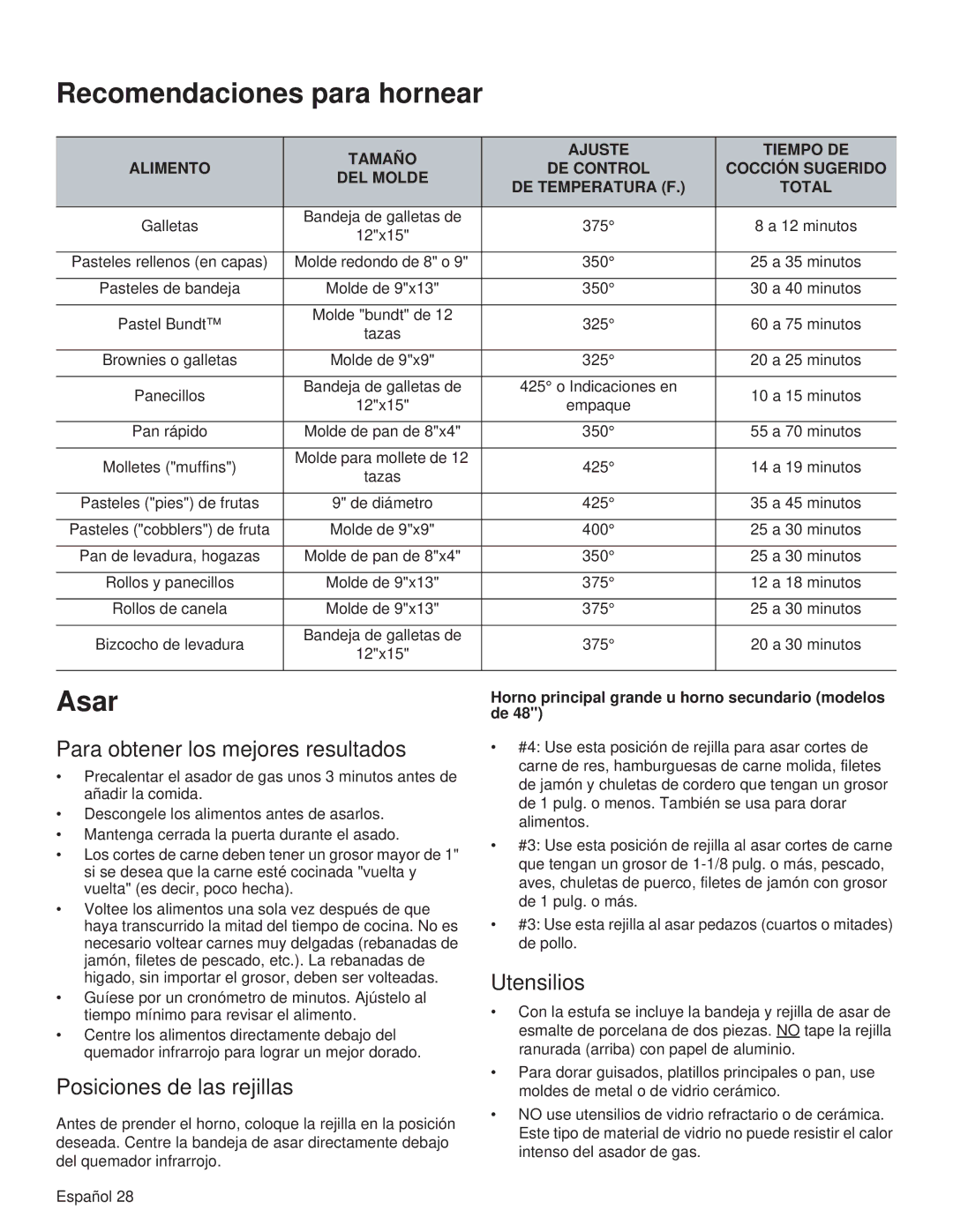 Thermador PRL36, PRG48, PRG30, PRL30 Recomendaciones para hornear, Asar, Para obtener los mejores resultados, Utensilios 