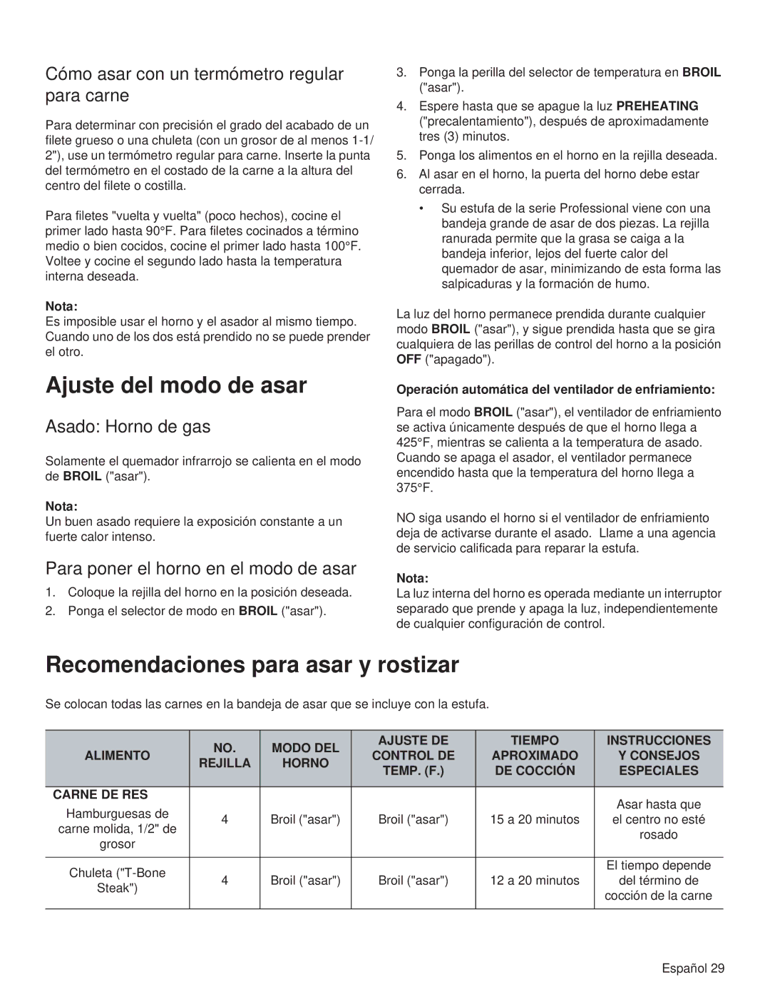 Thermador PRG48, PRL36, PRG30, PRL30, PRG36 Ajuste del modo de asar, Recomendaciones para asar y rostizar, Asado Horno de gas 