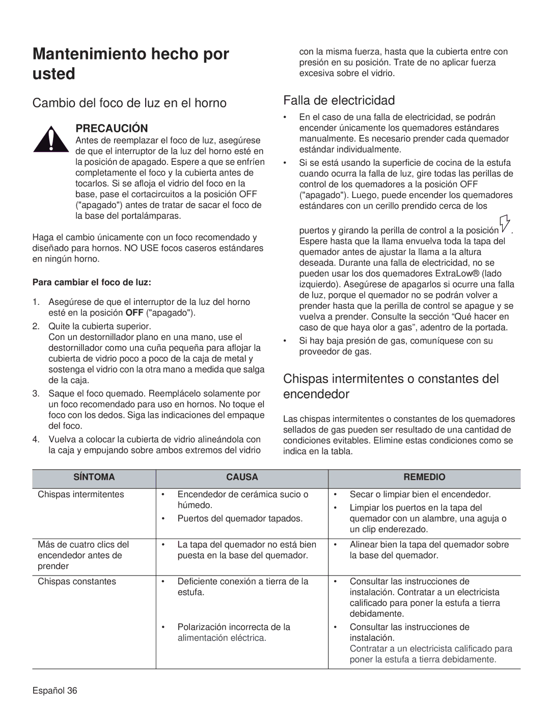 Thermador PRG30, PRL36, PRG48 manual Mantenimiento hecho por usted, Cambio del foco de luz en el horno, Falla de electricidad 