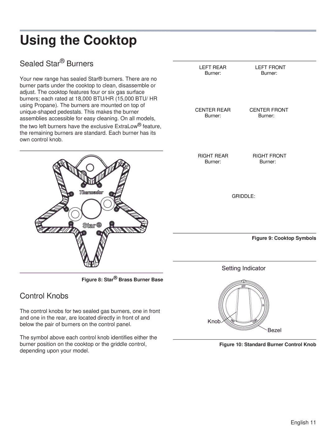 Thermador PRG48, PRL36, PRG30, PRL30, PRG36, PRL48 manual Using the Cooktop, Sealed Star Burners, Control Knobs 