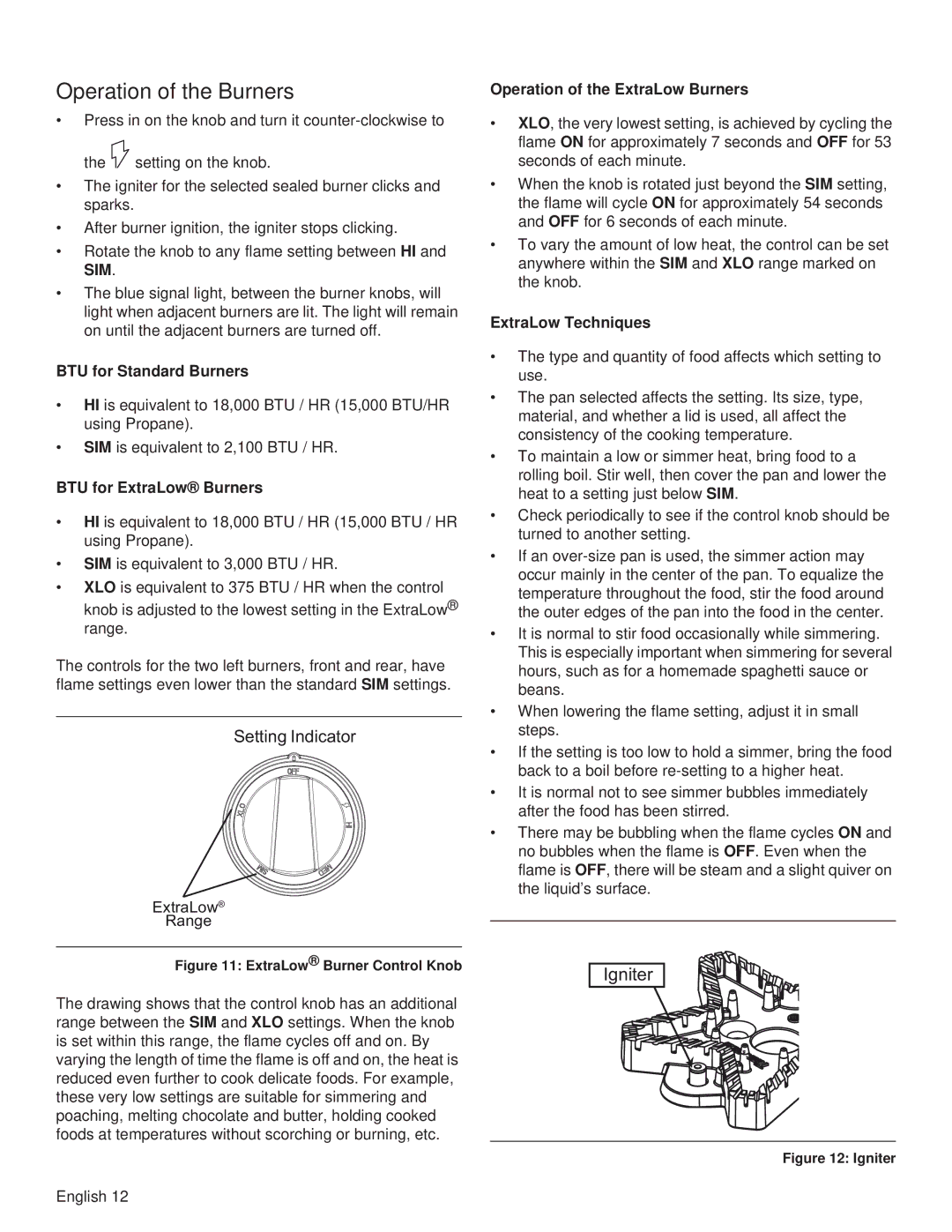 Thermador PRG30, PRL36 Operation of the Burners, BTU for Standard Burners, BTU for ExtraLow Burners, ExtraLow Techniques 