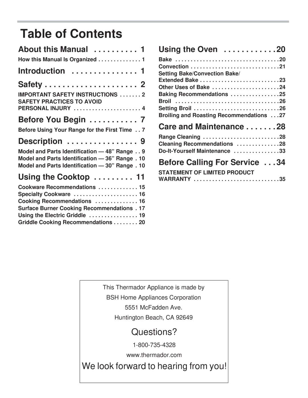 Thermador PRG30, PRL36, PRG48, PRL30, PRG36, PRL48 manual Table of Contents 