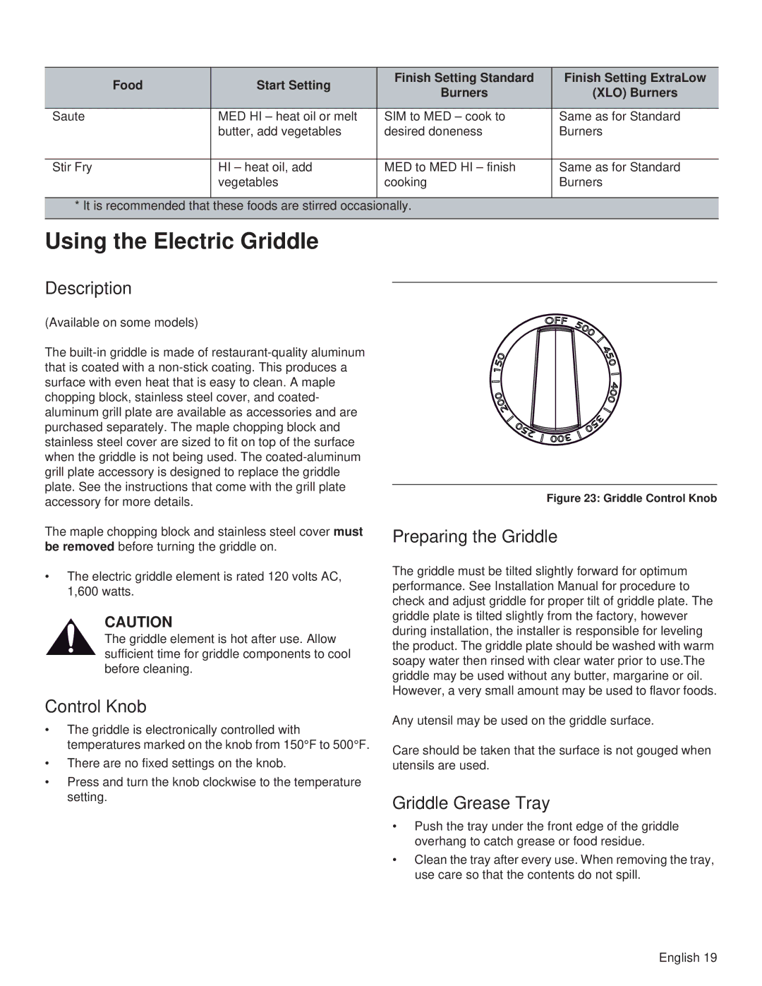 Thermador PRL30, PRL36 Using the Electric Griddle, Description, Control Knob, Preparing the Griddle, Griddle Grease Tray 