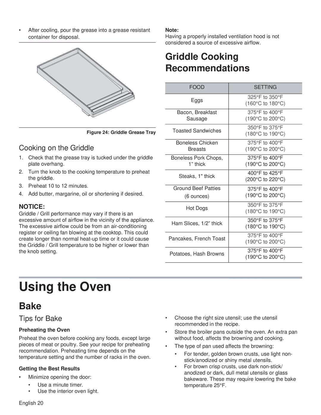 Thermador PRG36, PRL36, PRG48 Using the Oven, Griddle Cooking Recommendations, Cooking on the Griddle, Tips for Bake 