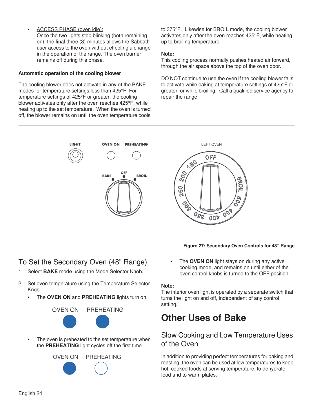 Thermador PRG30 Other Uses of Bake, To Set the Secondary Oven 48 Range, Slow Cooking and Low Temperature Uses of the Oven 