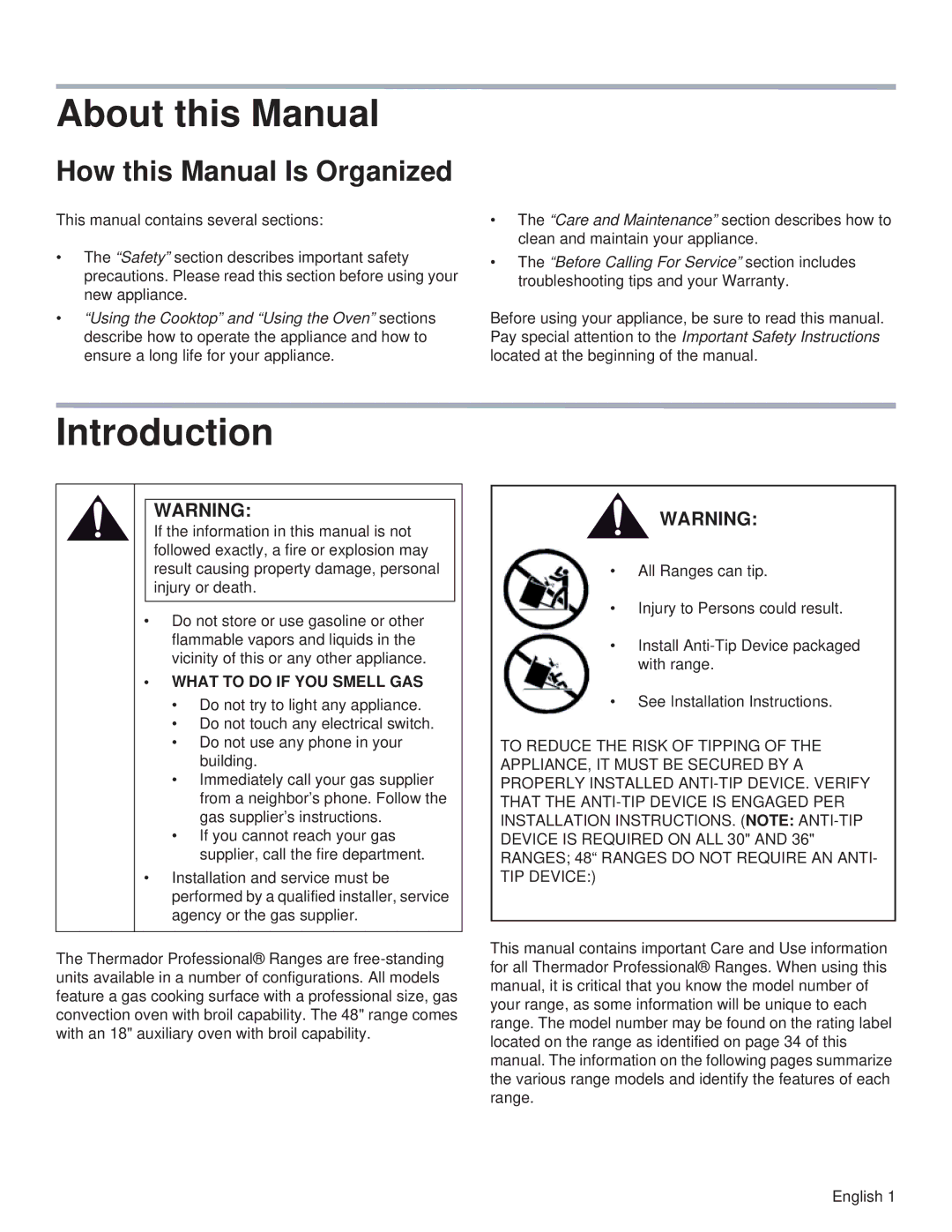 Thermador PRL30, PRL36, PRG48 About this Manual, Introduction, How this Manual Is Organized, What to do if YOU Smell GAS 