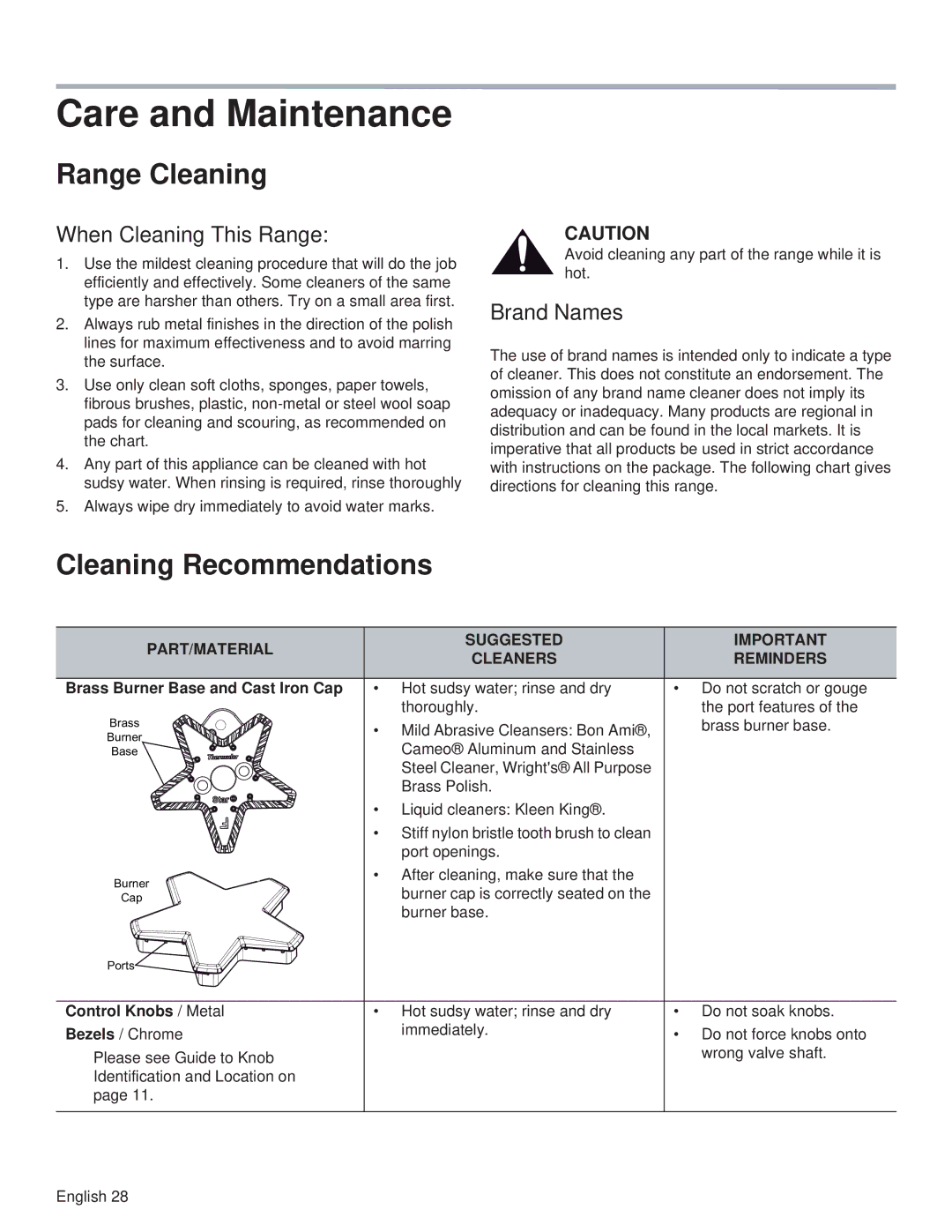 Thermador PRL36 Care and Maintenance, Range Cleaning, Cleaning Recommendations, When Cleaning This Range, Brand Names 