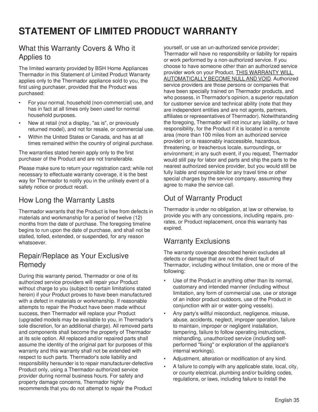 Thermador PRG48, PRL36 What this Warranty Covers & Who it Applies to, How Long the Warranty Lasts, Out of Warranty Product 