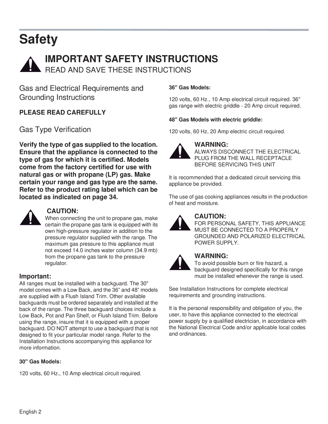 Thermador PRG36, PRL36, PRG48 Safety, Gas and Electrical Requirements and Grounding Instructions, Gas Type Verification 