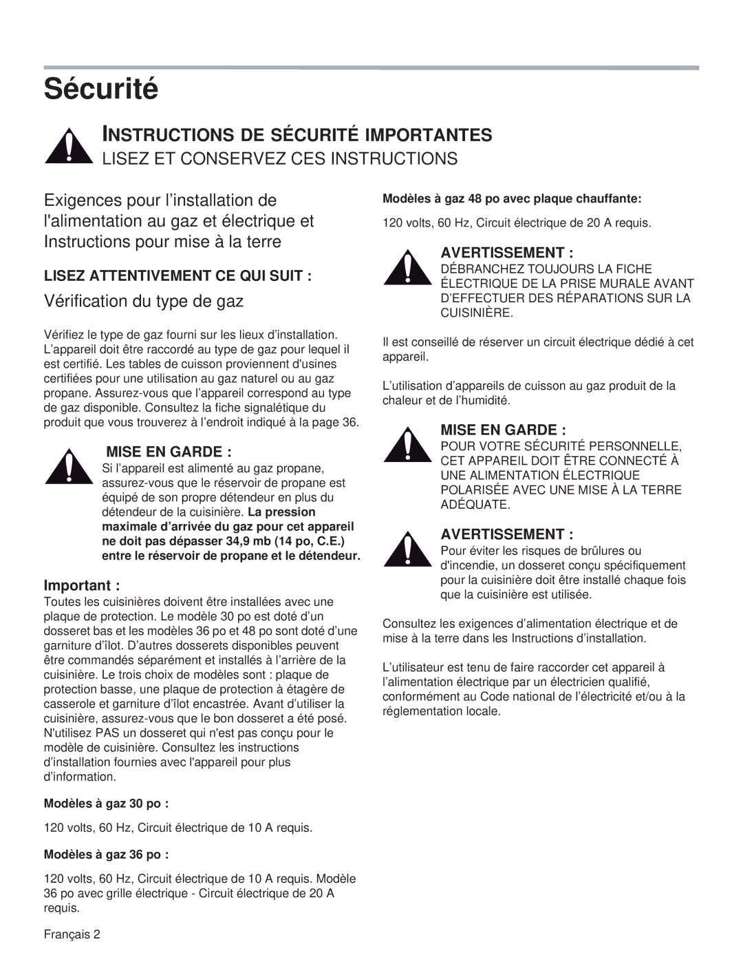 Thermador PRL36, PRG48, PRG30, PRL30 Sécurité, Vérification du type de gaz, Lisez Attentivement CE QUI Suit, Mise EN Garde 