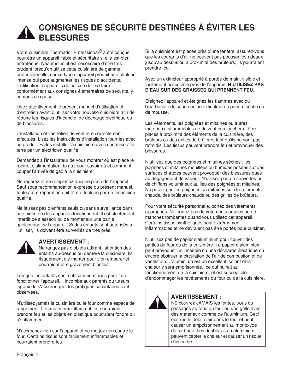 Thermador PRG30, PRL36, PRG48, PRL30, PRG36, PRL48 manual Consignes DE Sécurité Destinées À Éviter LES Blessures 