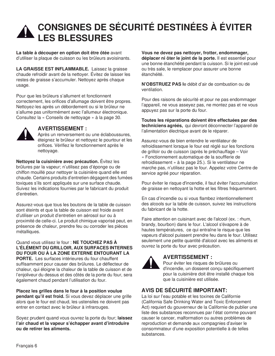 Thermador PRG36, PRL36, PRG48, PRG30 manual Consignes DE Sécurité Destinées À Éviter LES Blessures, Avis DE Sécurité Important 