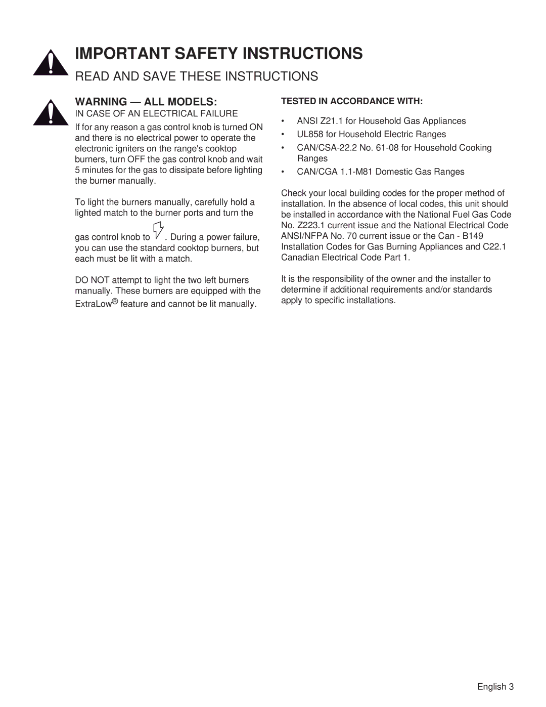 Thermador PRL48, PRL36, PRG48, PRG30, PRL30, PRG36 manual Case of AN Electrical Failure, Tested in Accordance with 