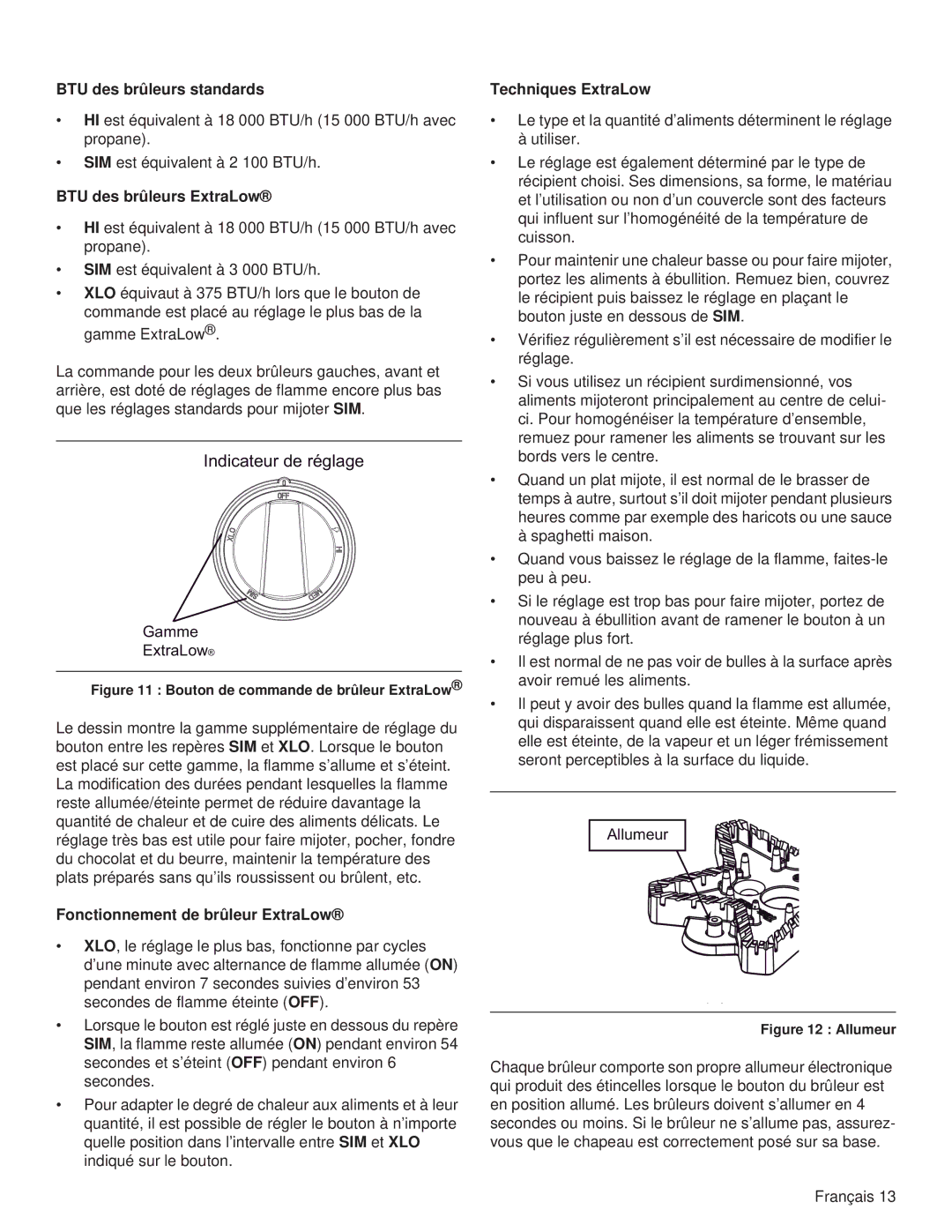 Thermador PRL48, PRL36, PRG48 BTU des brûleurs standards, BTU des brûleurs ExtraLow, Fonctionnement de brûleur ExtraLow 