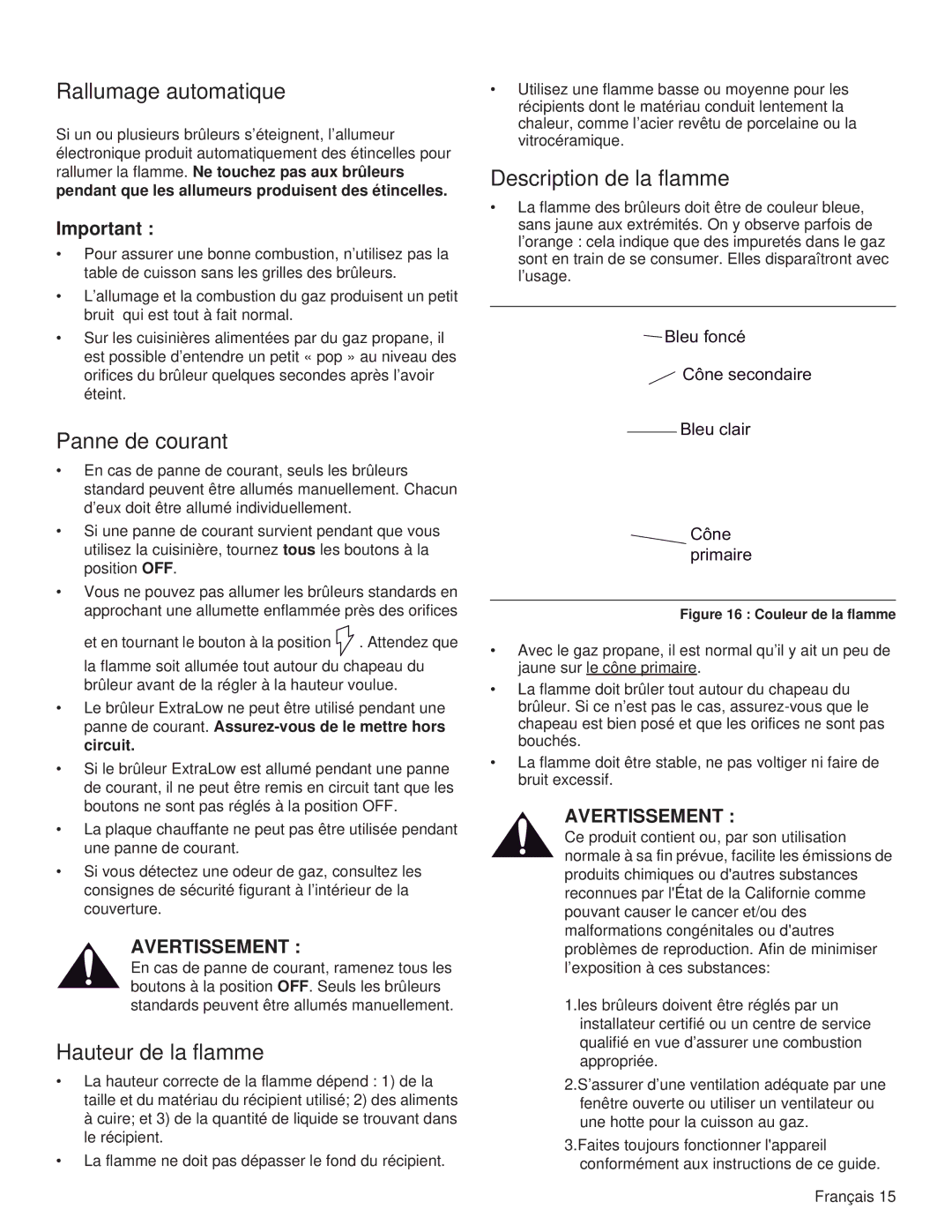 Thermador PRG48, PRL36, PRG30, PRL30 Rallumage automatique, Panne de courant, Hauteur de la flamme, Description de la flamme 