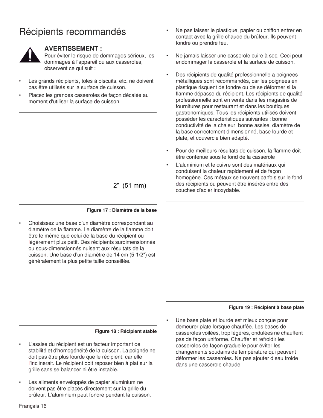 Thermador PRG30, PRL36, PRG48, PRL30, PRG36, PRL48 manual Récipients recommandés 