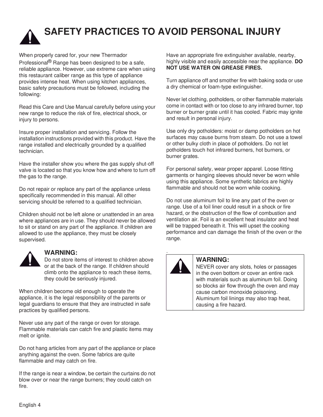 Thermador PRL36, PRG48, PRG30, PRL30, PRG36, PRL48 Safety Practices to Avoid Personal Injury, Not USE Water on Grease Fires 