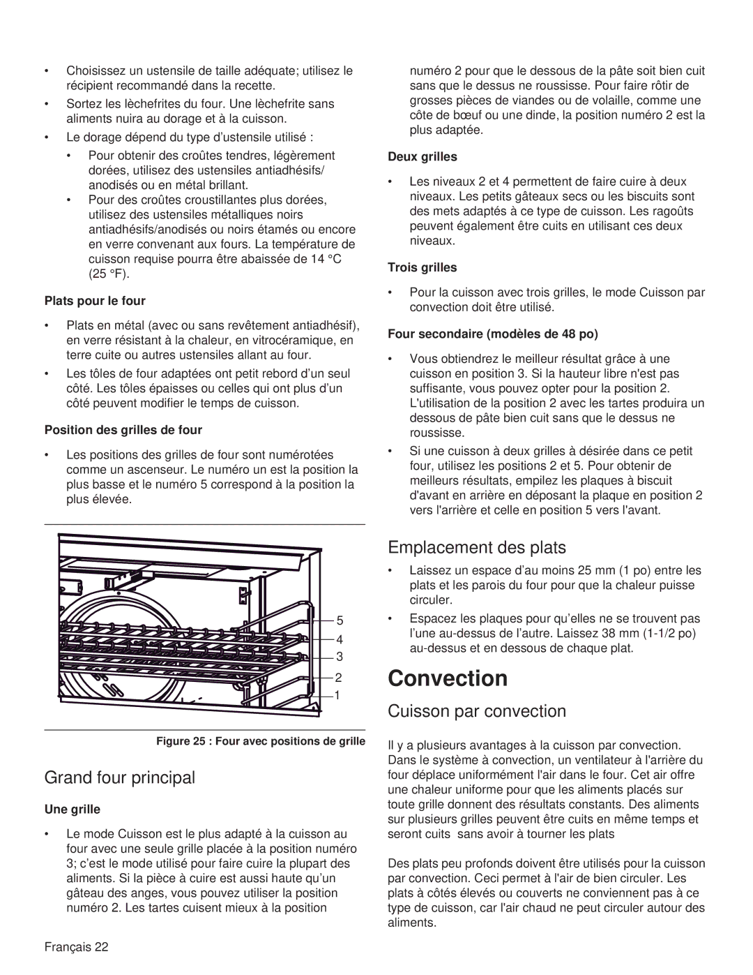Thermador PRG30, PRL36, PRG48, PRL30, PRG36, PRL48 manual Grand four principal, Emplacement des plats, Cuisson par convection 