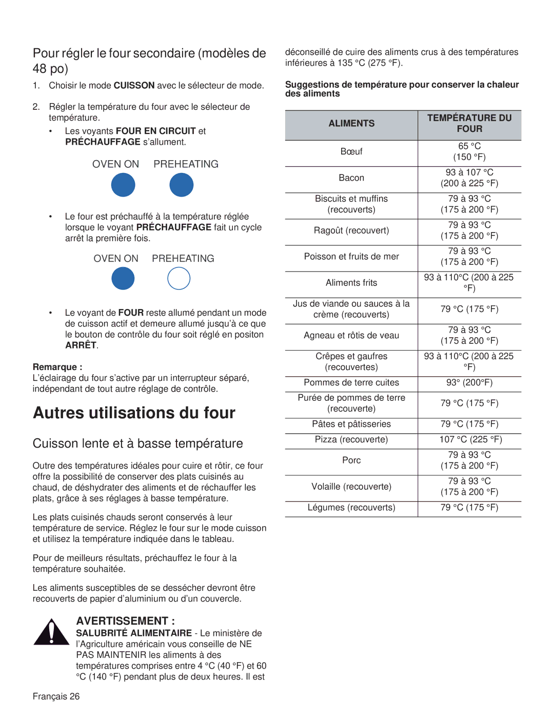 Thermador PRL36 Autres utilisations du four, Pour régler le four secondaire modèles de 48 po, Aliments Température DU Four 