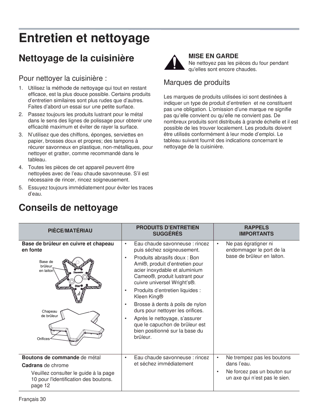 Thermador PRG36 Entretien et nettoyage, Nettoyage de la cuisinière, Conseils de nettoyage, Pour nettoyer la cuisinière 