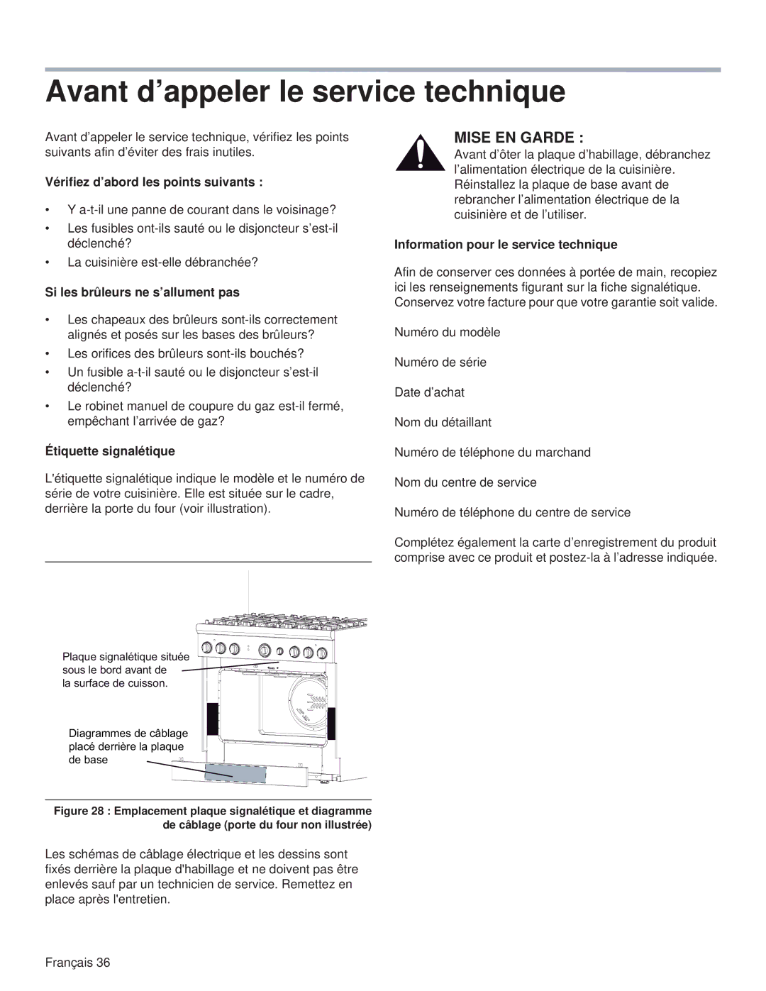 Thermador PRG36, PRL36 Avant d’appeler le service technique, Vérifiez d’abord les points suivants, Étiquette signalétique 