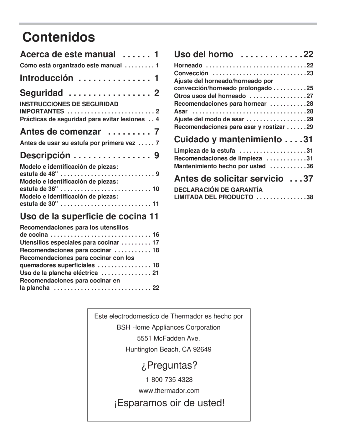 Thermador PRG48, PRL36, PRG30, PRL30, PRG36, PRL48 manual Contenidos, Descripción 