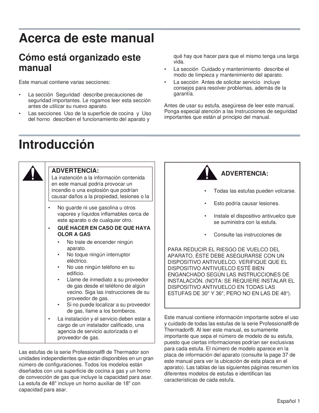 Thermador PRL30, PRL36, PRG48, PRG30 Acerca de este manual, Introducción, Cómo está organizado este manual, Advertencia 