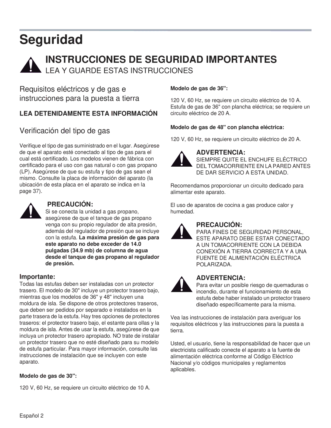 Thermador PRG36, PRL36, PRG48, PRG30 Seguridad, Verificación del tipo de gas, LEA Detenidamente Esta Información, Precaución 