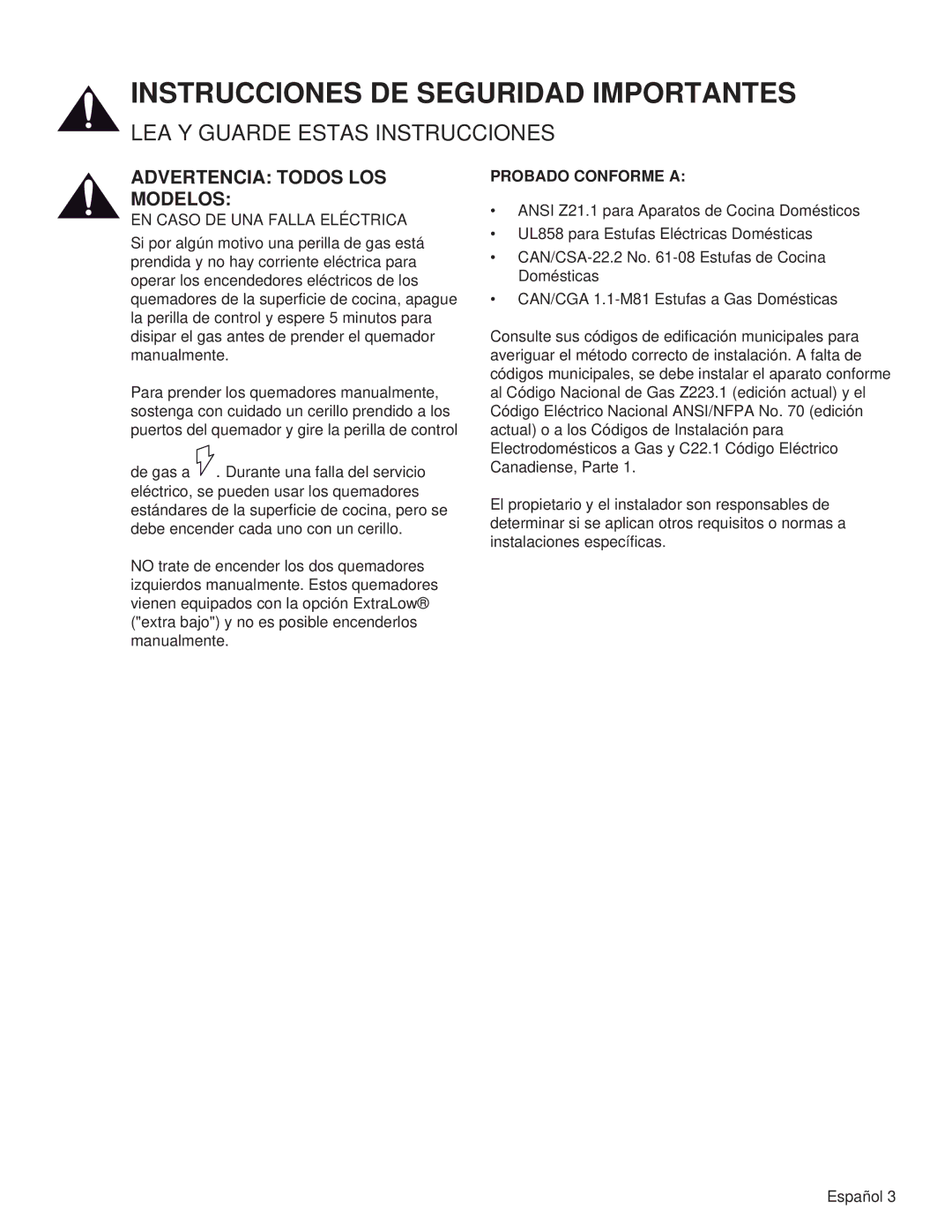 Thermador PRL48, PRL36, PRG48, PRG30, PRL30 Advertencia Todos LOS Modelos, EN Caso DE UNA Falla Eléctrica, Probado Conforme a 