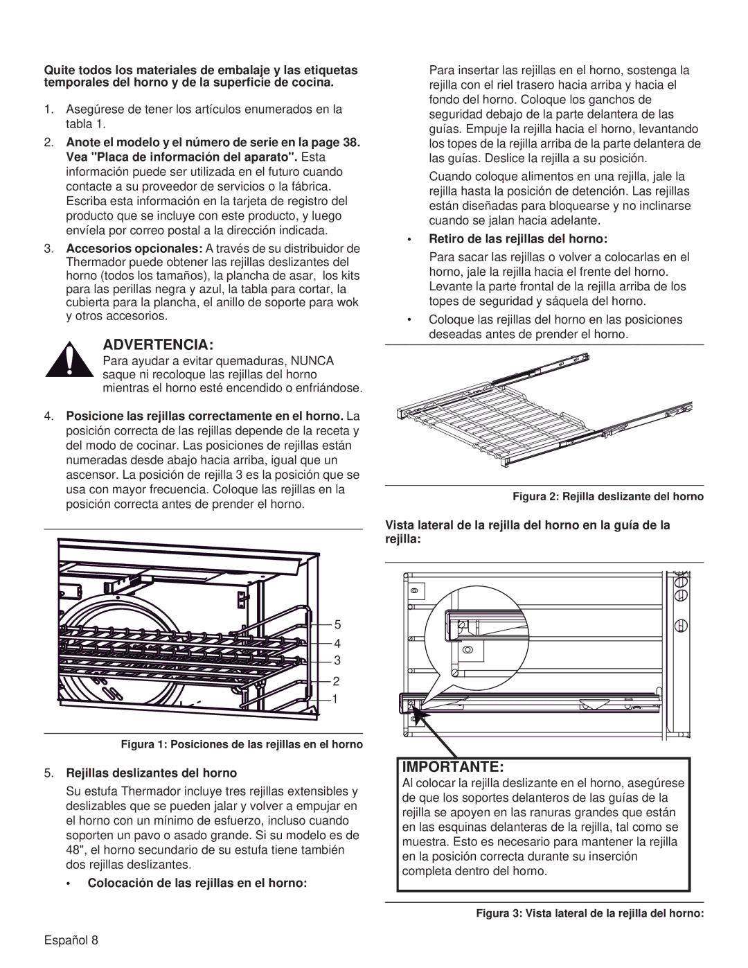 Thermador PRG36 Retiro de las rejillas del horno, Rejillas deslizantes del horno, Colocación de las rejillas en el horno 