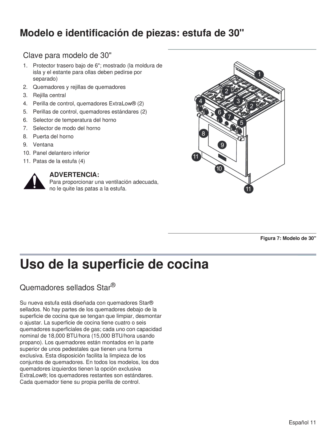 Thermador PRG48, PRL36, PRG30, PRL30, PRG36 Uso de la superficie de cocina, Clave para modelo de, Quemadores sellados Star 