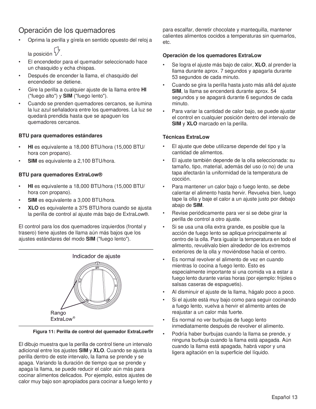 Thermador PRL30, PRL36, PRG48 Operación de los quemadores, BTU para quemadores estándares, BTU para quemadores ExtraLow 