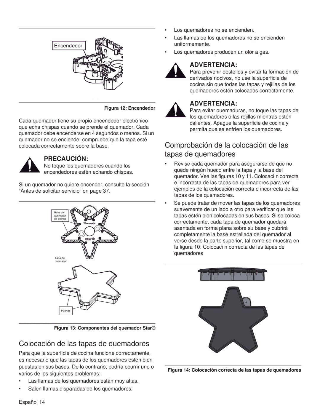 Thermador PRG36, PRL36 Colocación de las tapas de quemadores, Comprobación de la colocación de las tapas de quemadores 