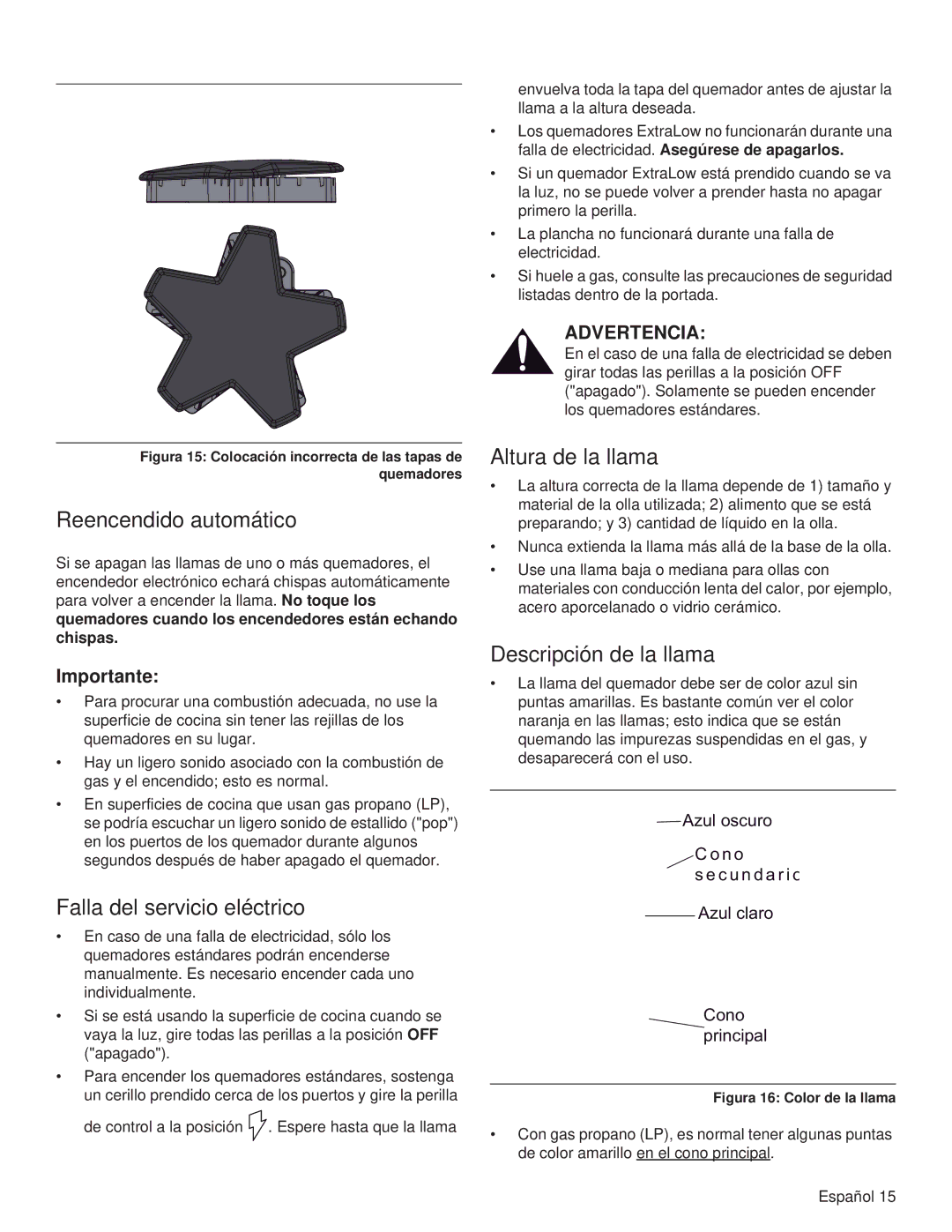 Thermador PRL48, PRL36 Reencendido automático, Falla del servicio eléctrico, Altura de la llama, Descripción de la llama 