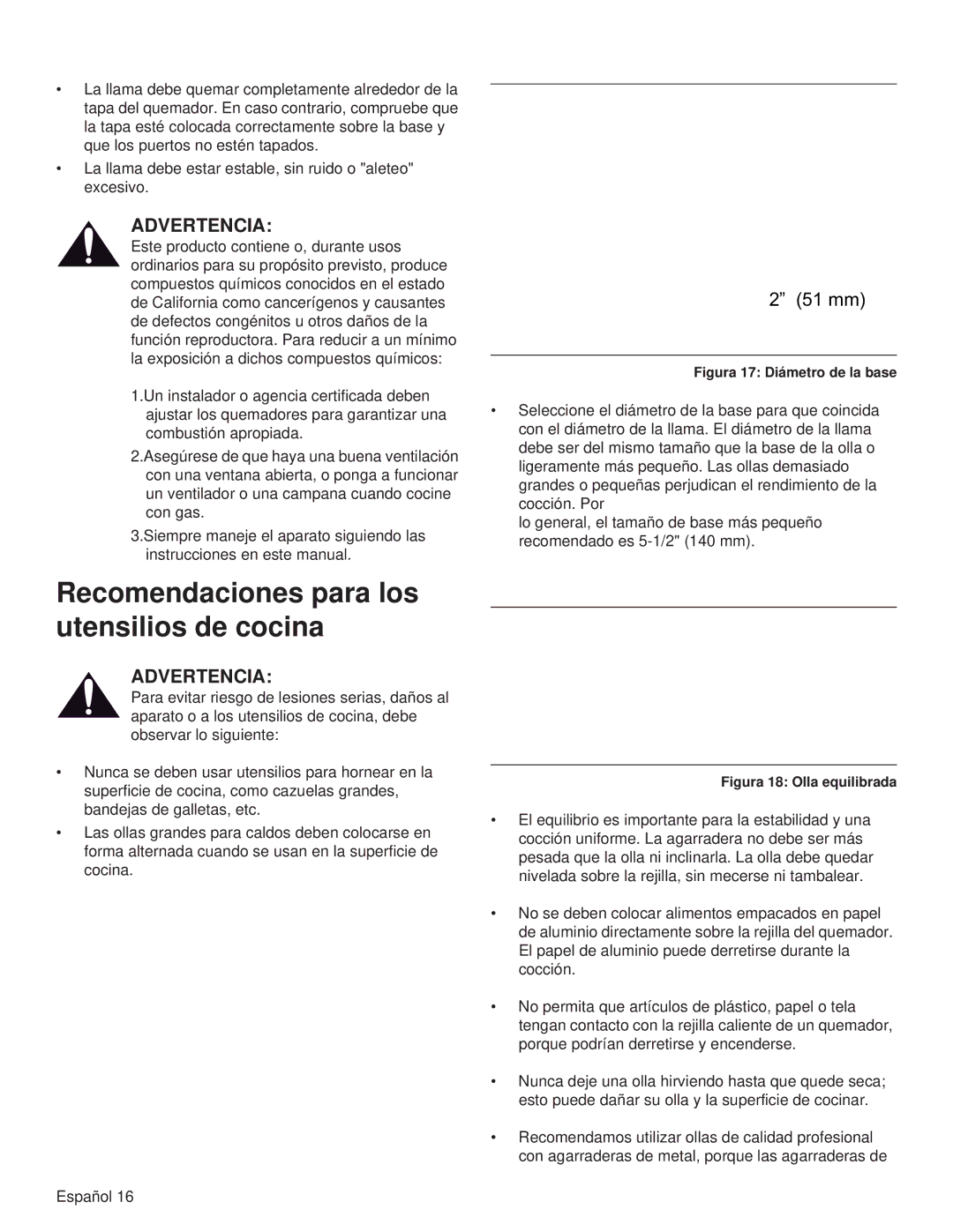 Thermador PRL36, PRG48, PRG30, PRL30, PRG36 manual Recomendaciones para los utensilios de cocina, Figura 17 Diámetro de la base 